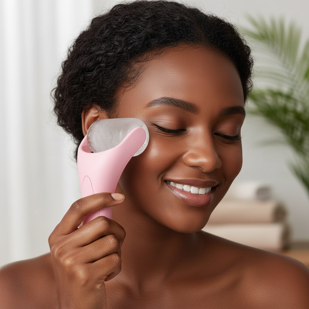 Femme au teint noir utilisant l'appareil de massage contour des yeux