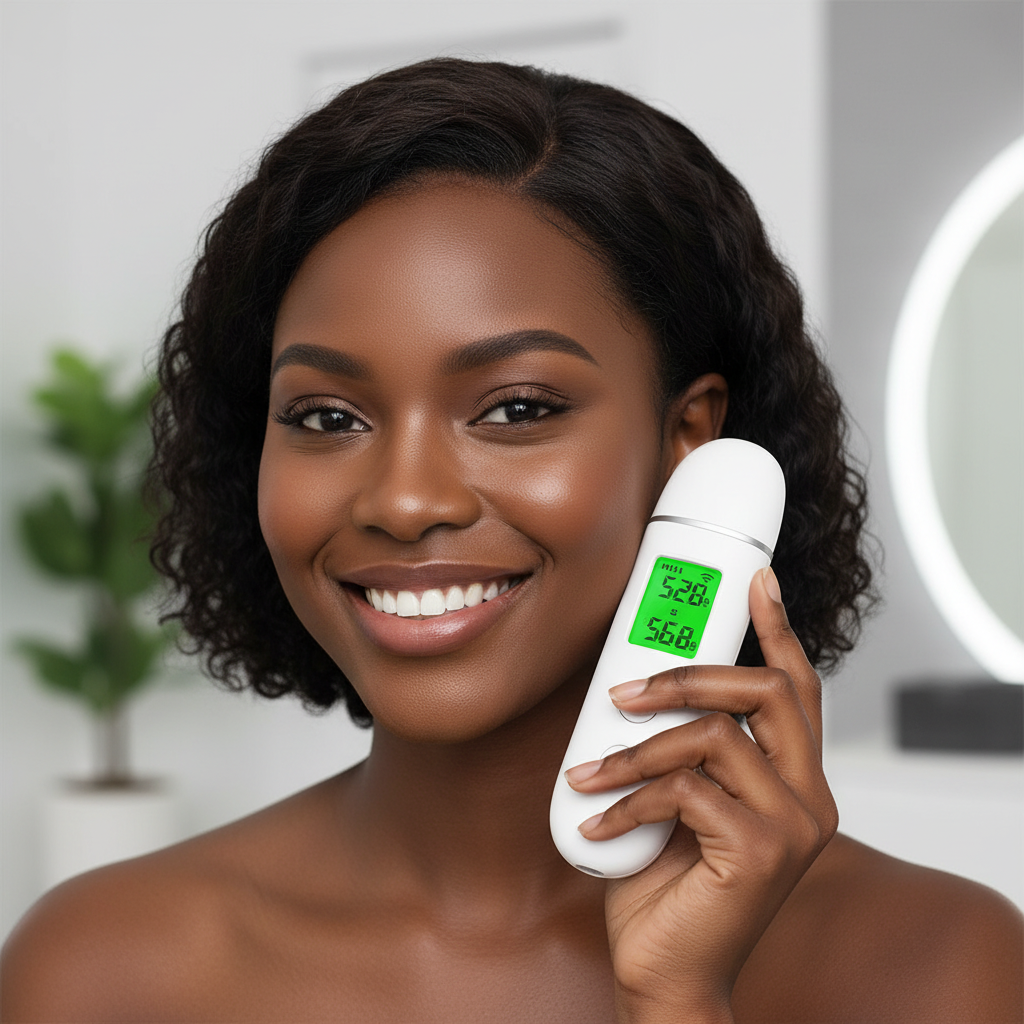 Femme à peau foncée utilisant l'appareil de diagnostic et soin de la peau