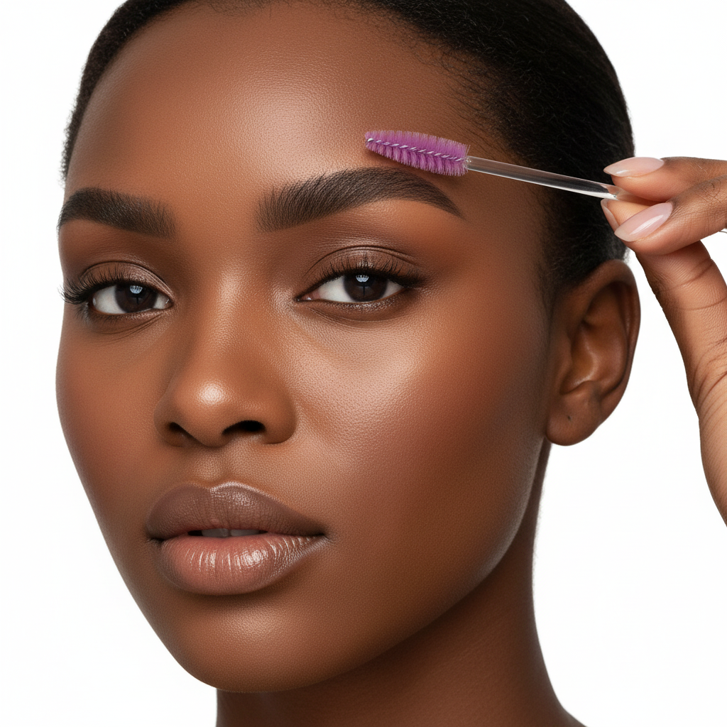 Femme à peau foncée utilisant le goupillon BrowLuxe pour sourcils parfaits